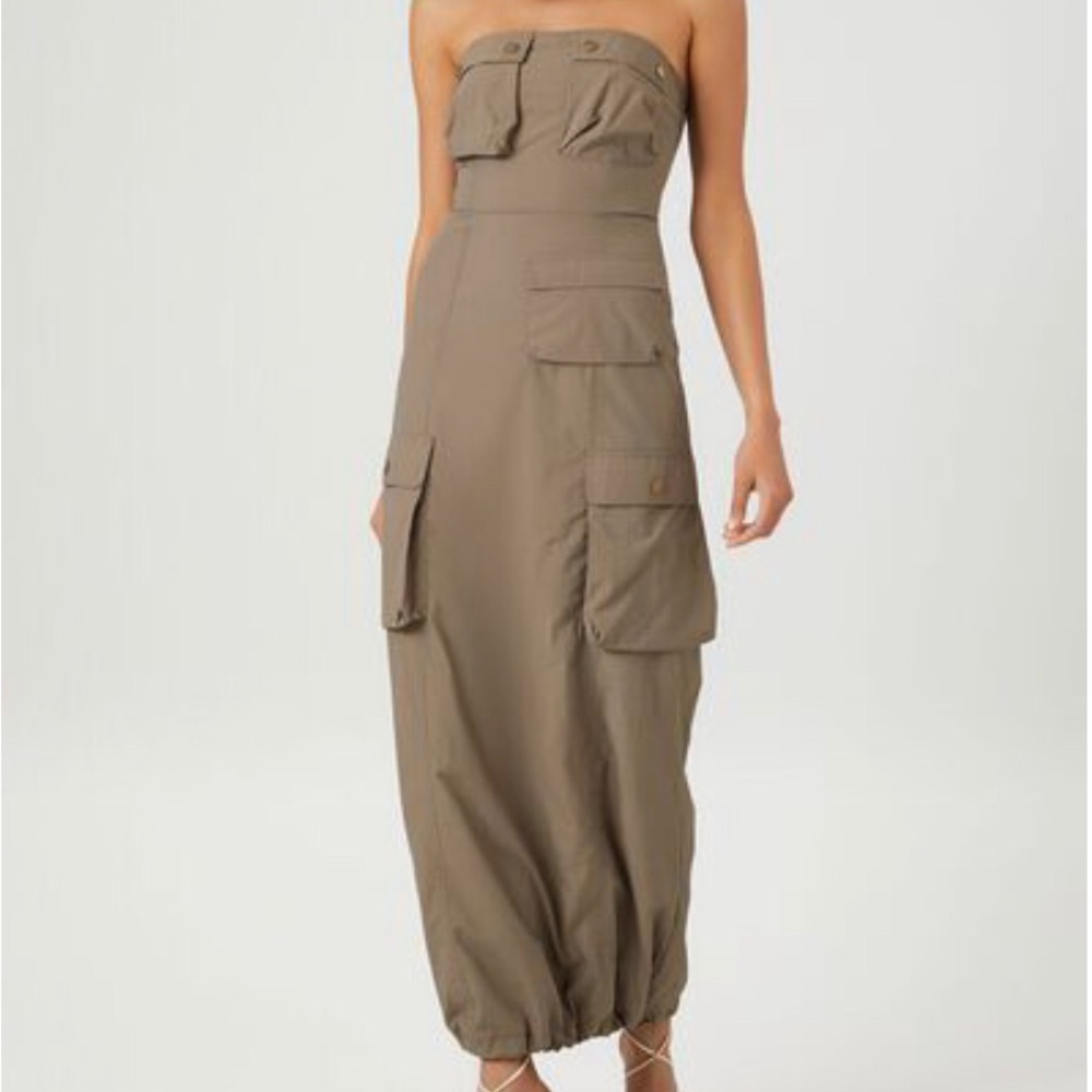 Cherry Mellow Olive Army Green Utility Cargo Parachute Strapless Maxi Dress